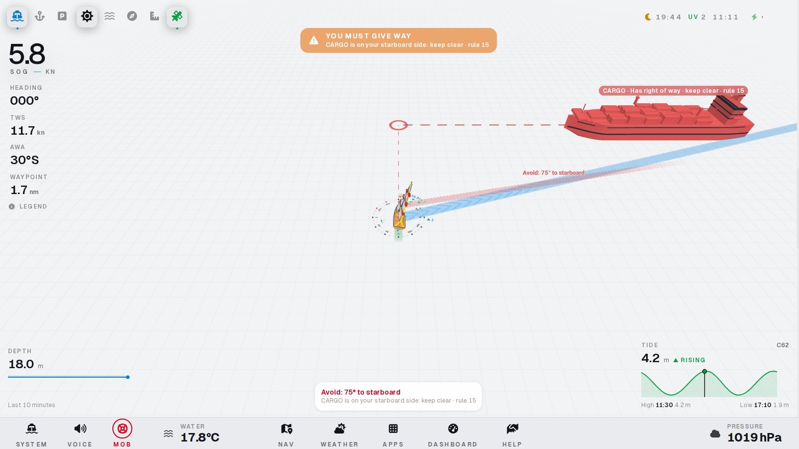 Crossing situation under engine with a cargo ship