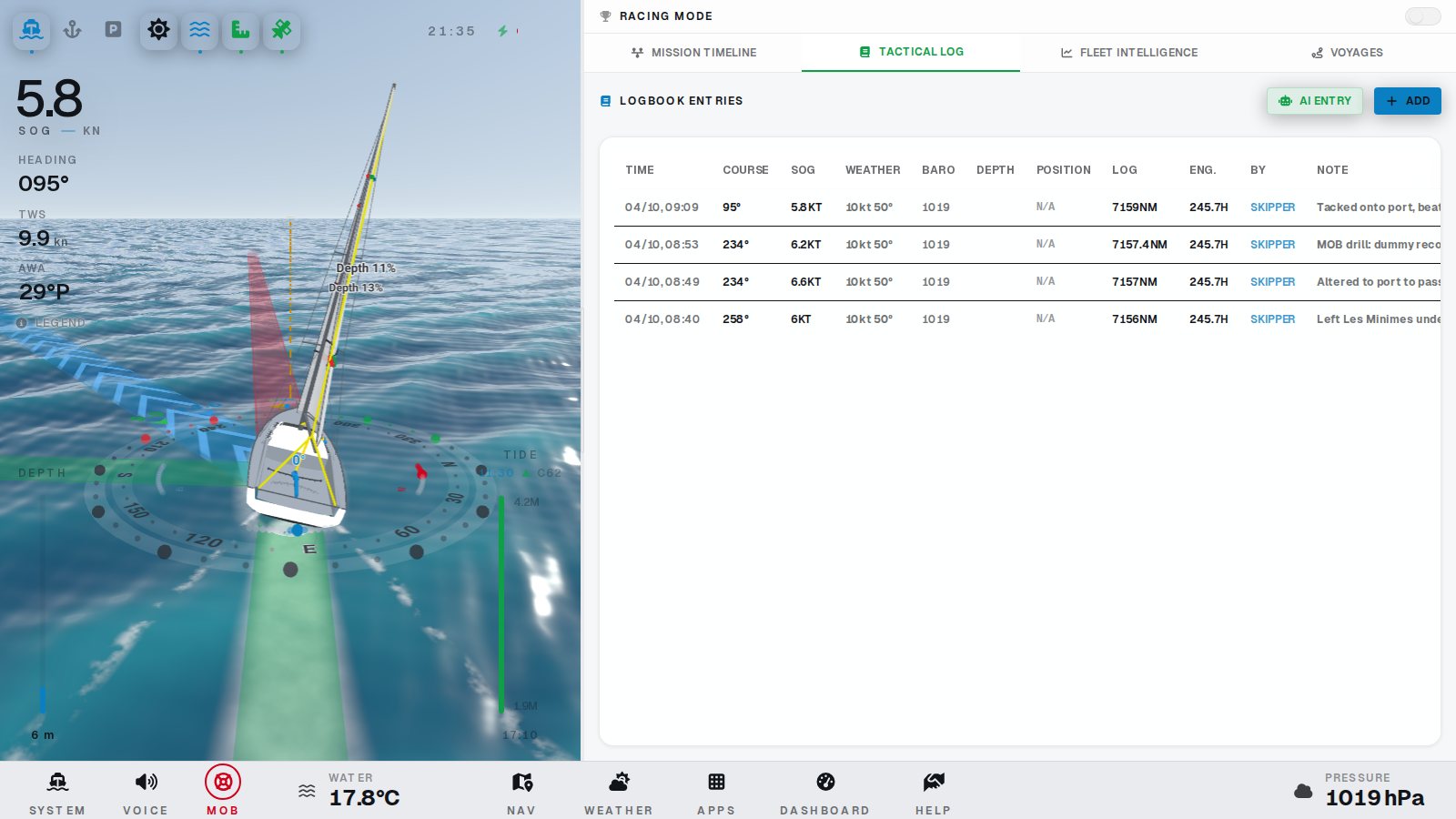 Logbook with entries and voyage timeline